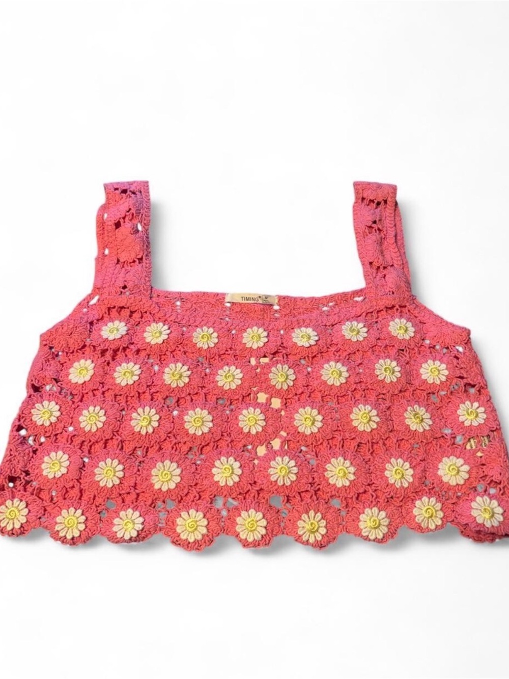 Pink Crotchet Crop Top with White Daisies Size M